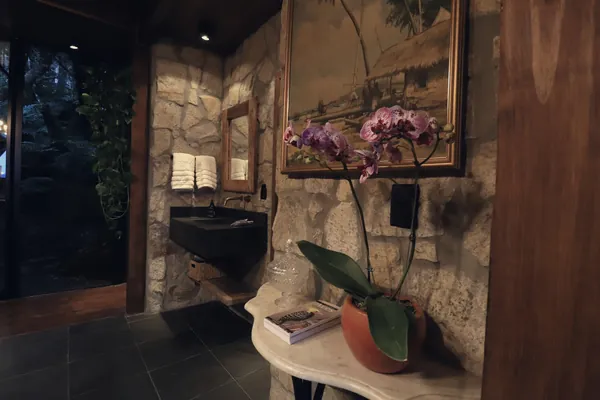 Lavabo de pedra da Cabana dos Pumas com orquídea